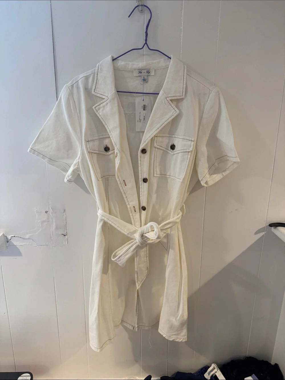 She + Sky White Belted Shirt Dress - Picture 1 of 3